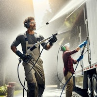 two men spraying a truck with a hose